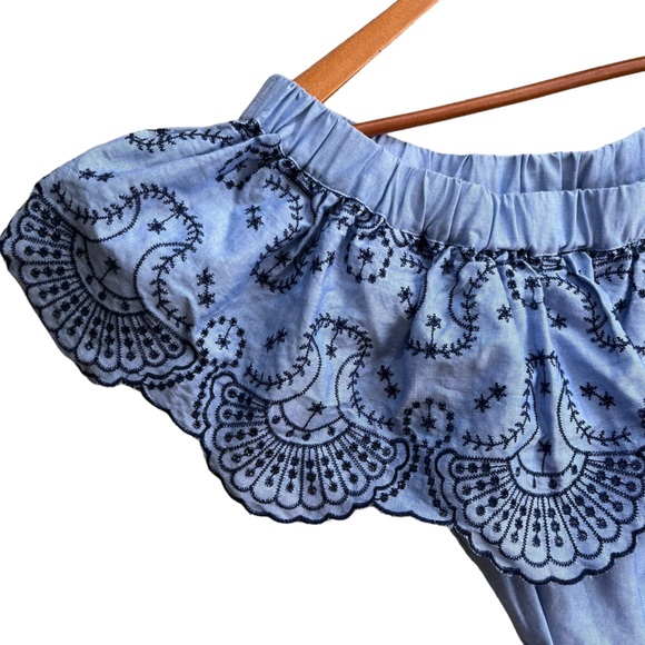 New York & Company Chambray Blue Off The Shoulder Dress Ruffle Embroidered Med - Picture 3 of 6